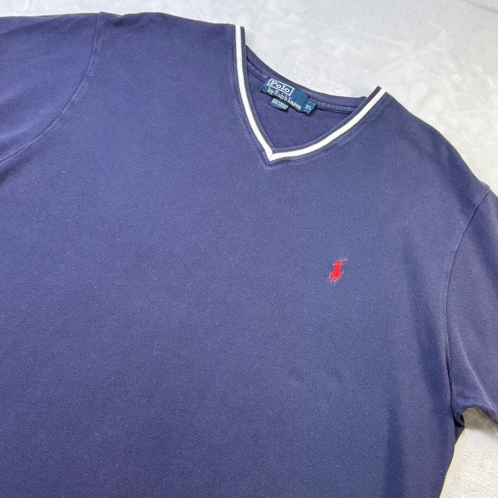 Vintage Polo Ralph Lauren Mens XL V-Neck Pique Shirt Navy Blue Pony Logo